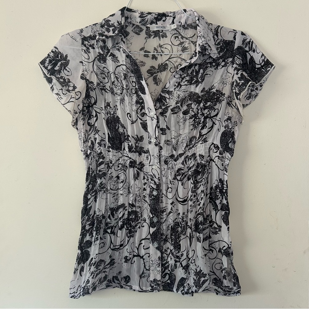 Ricki's Black and White Fitted Button Down Shirt with Cap Sleeves